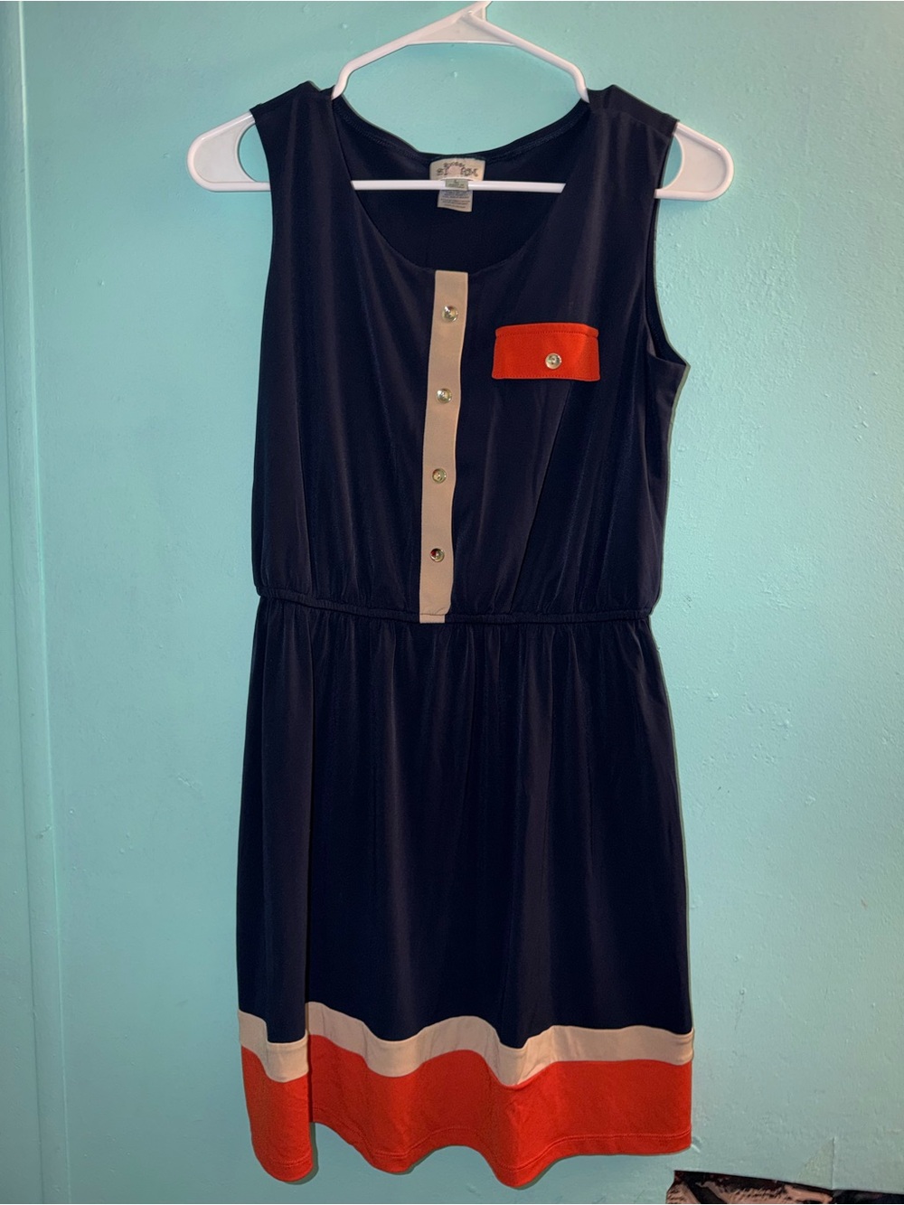 Navy Sleeveless Dress with Coral and Cream Accents